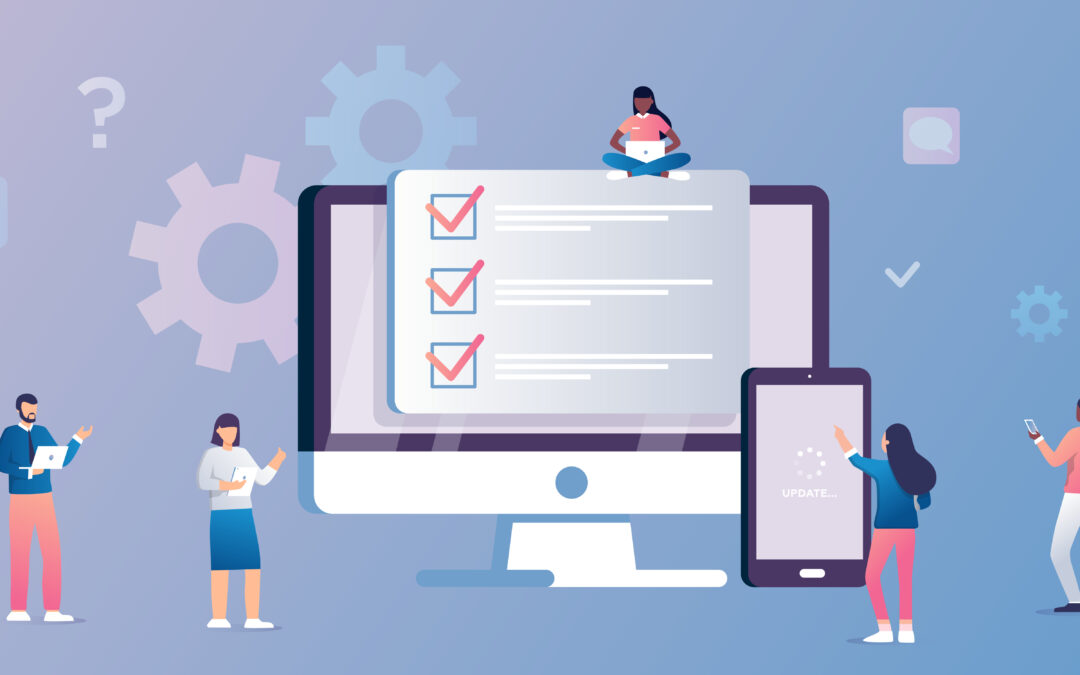 system update vector illustration concept, people update operation system on computer and mobile phone. search of solutions to problems, teamwork, fill form or checklist, use in applications